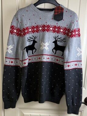 Chaps Sweater Holiday Crew Neck Pullover Christmas Winter Gray Red, Mens Sizes M